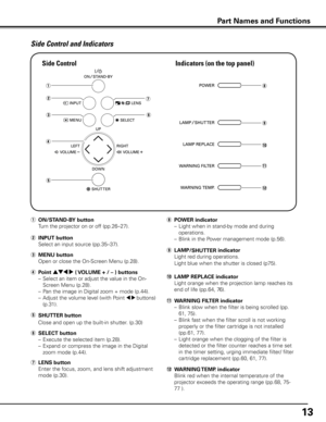 Page 1313
q	ON/STAND-By button
  Turn the projector on or off (pp.26–27).
e	MENU button
  Open or close the On-Screen Menu (p.28).
r	Point ed7 8 ( VOLUME + / – ) buttons
  – Select an item or adjust the value in the On-
Screen Menu (p.28).
  – Pan the image in Digital zoom + mode (p.44).
  – Adjust the volume level (with Point 
7 8 buttons) 
(p.31).
!2	WARNING TEMP  . indicator
  Blink red when the internal temperature of the 
projector exceeds the operating range (pp.68, 75-
77 ).
t	SHUTTER button
    
Close...