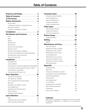 Page 33
Table of Contents
Features and Design . . . . . . . . . . . . . . . .2
Table of Contents   . . . . . . . . . . . . . . . . . . 3
To The Owner   . . . . . . . . . . . . . . . . . . . . . 4
Safety Instructions  . . . . . . . . . . . . . . . . . 5
Air Circulation  6
Installing the Projector in Proper Directions  7
Moving the Projector  8
Cautions in Handling the Projector  8
Compliance . . . . . . . . . . . . . . . . . . . . . . . 9
Part Names and Functions  . . . . . . . . . .10
Front  10
Back  10
Bottom...