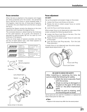 Page 2121
Installation
Some  parts  are  not  used  for  installation  or  replacement. 
Keep these parts for later use.
Focus Lock Screw
Focus Lock Ring
Focus adjustment 
Set up the projector and project image on the screen.
1 . Loosen the Focus Lock Screw on the lens.
2 .  Rotate  the  lens  to  obtain  proper  focus  on  center 
area of the screen. 
3 .  Lock the Focus Lock Screw securely.
When proper focus is not observed at outer area of the 
screen, proceed the following adjustments.
4 .  Loosen  the...