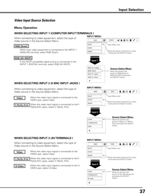 Page 3737
When the video input signal is connected to the Y-
Pb/Cb-Pr/Cr jacks, select Y, Pb/Cb, Pr/Cr.
When the video input signal is connected to the 
VIDEO jack, select Video.
When the video input signal is connected to the S-
VIDEO jack, select S-Video.
When connecting to video equipment, select the type of 
Video source in the Source Select Menu. 
WHEN SELECTING INPUT 3 (AV TERMINALS ) WHEN SELECTING INPUT 2 (5 BNC INPUT JACKS )
When the video input signal is connected to the Y-
Pb/Cb-Pr/Cr jacks, select...