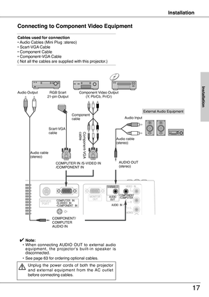Page 17
Installation
17
Installation
Connecting to Component Video Equipment
Cables used for connection • Audio Cables (Mini Plug :stereo)  • Scart-VGA Cable  • Component Cable  • Component-VGA Cable  ( Not all the cables are supplied with this projector.)
External Audio Equipment
COMPUTER IN /S-VIDEO IN/COMPONENT IN   
COMPONENT/ COMPUTERAUDIO IN
Audio cable   (stereo)
Audio cable  (stereo)
Audio Input
Component Video Output(Y, Pb/Cb, Pr/Cr)RGB Scart 1-pin OutputAudio Output
Scart-VGA cable  Component-VGA...