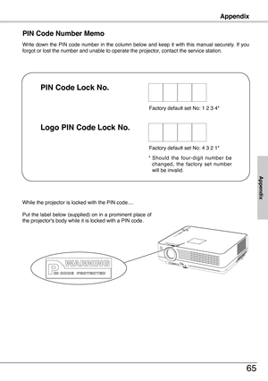 Page 65
65
Appendix
Appendix
Write  down  the  PIN  code  number  in  the  column  below  and  keep  it  with  this  manual  securely.  If  you forgot or lost the number and unable to operate the projector, contact the service station. 
PIN Code Number Memo
Factory default set No: 1  3 4*
* Should  the  four-digit  number  be changed,  the  factory  set  number will be invalid.
PIN Code Lock No .
Logo PIN Code Lock No .
Factory default set No: 4 3  1*
While the projector is locked with the PIN...