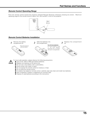 Page 1515
Part Names and Functions
To insure safe operation, please observe the following precautions :
Use (2) AA, UM3 or R06 type alkaline batteries.
Replace two batteries at the same time.
Do not use a new battery with a used battery.
Avoid contact with water or liquid.
Do not expose the remote control to moisture, or heat.
Do not drop the remote control.
If a battery has leaked on remote control, carefully wipe case clean and install new batteries.
Risk of explosion if battery is replaced by an...