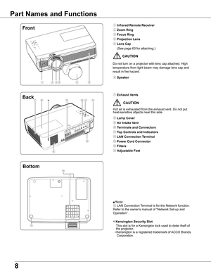 Page 8
8

Part	Names	and	Functions
①⑤③②
Front
Back
④
①	Infrared	Remote	Receiver
②	Zoom	Ring
③	Focus	Ring
④	Projection	Lens
⑤	Lens	Cap
	 (See	page	63	for	attaching.)
		
⑥	Speaker
⑦	Exhaust	Vents
		CAUTION
Hot	air	is	exhausted	from	the	exhaust	vent.	Do	not	put	heat-sensitive	objects	near	this	side.
⑧	Lamp	Cover
⑨	Air	Intake	Vent
⑩	Terminals	and	Connectors
⑪	Top	Controls	and	Indicators
⑫ LAN	Connection	Terminal
⑬ Power	Cord	Connector
⑭	Filters
⑮	Adjustable	Feet
✔Note:
⑫	LAN	Connection	Terminal	is	for	the	Network...