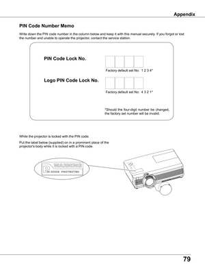 Page 79
79

AppendixAppendix
Write	down	the	PIN	code	number	in	the	column	below	and	keep	it	with	this	manual	securely.	If	you	forgot	or	lost	
the	number	and	unable	to	operate	the	projector,	contact	the	service	station.	
PIN	Code	Number	Memo
Factory	default	set	No:		1	2	3	4*
Factory	default	set	No:		4	3	2	1*
Put	the	label	 below	 (supplied)	 on	in	a	prominent	 place	of	the	
projector's	body	while	it	is	locked	with	a	PIN	code.
While	the	projector	is	locked	with	the	PIN	code.
PIN	Code	Lock	No .
Logo	PIN	Code...