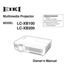 Page 1
	 Network	Supported	
❏		 Wired	LAN
	 	 	 	100-Base-TX/10-Base-T
Refer	to	the	Owner's	Manuals	below	for	
details	about	network	function.
❏	 		Network	Set-up	and	Operation
❏	 		PJ	Network	Manager
Multimedia Projector
Owner's Manual
LC-XB100
LC-XB200
MODEL 