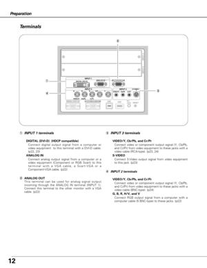 Page 1212
Preparation
ANALOG OUT
INPUT 3 INPUT 1
INPUT 2
ANALOG IN
DIGITAL (DVI-D)
VIDEO/Y    Cb/Pb          Cr/PrG                B               R            H/V               V
VIDEO/Y   Cb/Pb     Cr/PrS-VIDEO
Terminals
q
w
er
eINPUT 3 terminals
VIDEO/Y, Cb/Pb, and Cr/Pr
Connect video or component output signal (Y, Cb/Pb,
and Cr/Pr) from video equipment to these jacks with a
video cable (RCA-type). (p23, 24)
S-VIDEO
Connect S-Video output signal from video equipment
to this jack. (p23)
rINPUT 2 terminals...