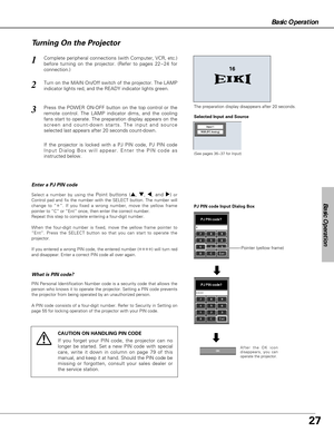 Page 2727
Basic Operation
Basic Operation
Turn on the MAIN On/Off switch of the projector. The LAMP
indicator lights red, and the READY indicator lights green.
Press the POWER ON-OFF button on the top control or the
remote control. The LAMP indicator dims, and the cooling
fans start to operate. The preparation display appears on the
screen and count-down starts. The input and source
selected last appears after 20 seconds count-down.
2
3
1Complete peripheral connections (with Computer, VCR, etc.)
before turning...