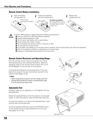 Page 1616
Projection angle can be adjusted up to 5.0 degrees with the 
adjustable feet. 
Rotate the adjustable feet and tilt the projector to the proper 
height; to raise the projector, rotate the both feet clockwise.
To lower the projector or to retract the adjustable feet, rotate 
the both feet counterclockwise.
To correct keystone distortion, press the KEYSTONE button 
on the remote control or select Keystone from the menu 
(see pages 15, 31, 45).
Adjustable Feet
Adjustable Feet
To ensure safe operation,...