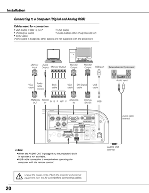 Page 2020
Connecting to a Computer (Digital and Analog RGB)
Cables used for connection 
• VGA Cable (HDB 15 pin)* • USB Cable
• DVI-Digital Cable  • Audio Cables (Mini Plug [stereo] x 2)
• BNC Cable 
(*One cable is supplied; other cables are not supplied with the project\
or.)
External Audio Equipment
DVI-Digital 
cable USB 
cable
Audio 
cable 
(stereo)
Audio cable 
(stereo)
USB port
Audio 
Output
USB
AUDIO OUT 
(stereo)Audio Input
Unplug the power cords of both the projector and external 
equipment from the AC...