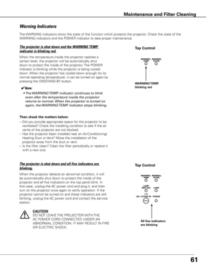 Page 6161
The WARNING indicators show the state of the function which protects the projector. Check the state of the 
WARNING indicators and the POWER indicator to take proper maintenance. 
Warning Indicators
The projector is shut down and the WARNING TEMP. 
indicator is blinking red.
When the temperature inside the projector reaches a 
certain level, the projector will be automatically shut 
down to protect the inside of the projector. The POWER 
indicator is blinking while the projector is being cooled 
down....