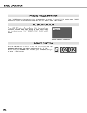 Page 2424
BASIC OPERATION
Press FREEZE button on Remote Control Unit to freeze picture on-screen.  To cancel FREEZE function, press FREEZE
button again or press any other button except POINT / SELECT / RIGHT CLICK / LASER button.
PICTURE FREEZE FUNCTION
Press NO SHOW button on Remote Control Unit to black out a image.
To restore to normal image, press NO SHOW button again or press
any other button except POINT / SELECT / RIGHT CLICK / LASER
button.
NO SHOW FUNCTION
Message disappears after 4 seconds.
No show...