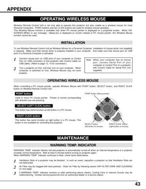 Page 4343
APPENDIX
OPERATING WIRELESS MOUSE
INSTALLATION
Wireless Remote Control Unit is not only able to operate this projector but also usable as a wireless mouse for most
Personal Computers.  POINT buttons and two CLICK buttons are used for wireless mouse operation.
This Wireless Mouse function is available only when PC mouse pointer is displayed on a projected screen.  When ON-
SCREEN MENU or any message / dialog box is displayed on screen instead of PC mouse pointer, this Wireless Mouse
function cannot be...