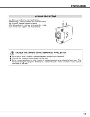 Page 1111
PREPARATION
CAUTION IN CARRYING OR TRANSPORTING A PROJECTOR
●Do not drop or bump a projector, otherwise damages or malfunctions may result.
●When carrying a projector, use a suitable carrying case.
●Do not transport a projector by using a courier or transport service in an unsuitable transport case.  This
may cause damage to a projector.  To transport a projector through a courier or transport service, consult
your dealer for best way.
MOVING PROJECTOR
Use Carrying Handle when moving a Projector.
When...