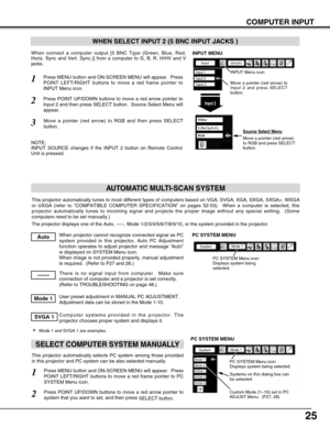 Page 2525
COMPUTER INPUT
This projector automatically tunes to most different types of computers based on VGA, SVGA, XGA, SXGA, SXGA+, WXGA
or UXGA (refer to “COMPATIBLE COMPUTER SPECIFICATION” on pages 52-53).  When a computer is selected, this
projector automatically tunes to incoming signal and projects the proper image without any special setting.  (Some
computers need to be set manually.) 
The projector displays one of the Auto, -----, Mode 1/2/3/4/5/6/7/8/9/10, or the system provided in the projector....