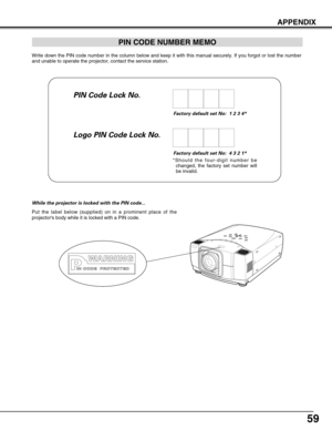 Page 5959
APPENDIX
Write down the PIN code number in the column below and keep it with this manual securely. If you forgot or lost the number
and unable to operate the projector, contact the service station. 
Factory default set No:  1 2 3 4*
Factory default set No:  4 3 2 1*
*Should the four-digit number be
changed, the factory set number will
be invalid.
Put the label below (supplied) on in a prominent place of the
projectors body while it is locked with a PIN code.
While the projector is locked with the PIN...