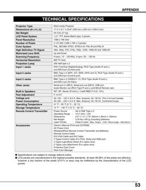 Page 5353
Owner’s Manual (Print and CD-ROM)
AC Power Cord
Wireless/Wired Remote Control Transmitter and Batteries
Remote Control Cable
DVI-VGA Cable and DVI Cable
3 Types Control Cable (For PS/2, Serial and ADB port) 
3 Types Light-Block Sheet (For option lens)
2 Types Lens Attachment (For option lens)
Protective Dust Cover
Real Color ManagerAccessories
TECHNICAL SPECIFICATIONS
1.21 TFT Active Matrix type, 3 panels
Multi-media Projector
46.3 lbs (21 kg)
17.3 x 9.1 x 23.8 (439 mm x 230 mm x 605.6 mm) 
1366 x 768...