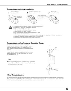 Page 15Remote Control Battery Installation
12 3
Open the battery 
compartment lid. Install new batteries into 
the compartment. Replace the 
compartment lid.
Two AA size batteries
For correct polarity (+ and –), 
be sure battery terminals are 
in contact with pins in the 
compartment.
To ensure safe operation, please observe the following precautions :
 ●
 Use two (2) AA or LR6 type alkaline batteries.
 ●  Always replace batteries in sets.
 ●  Do not use a new battery with a used battery.
 ●  Avoid contact with...