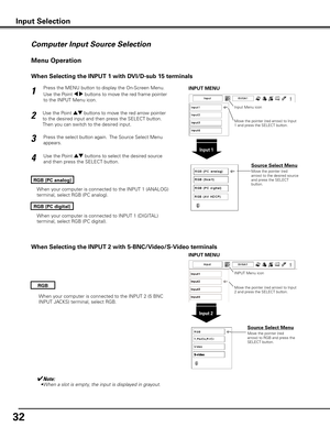 Page 3232
Press the MENU button to display the On-Screen Menu. 
Use the Point 7 8 buttons to move the red frame pointer 
to the INPUT Menu icon.
Use the Point ed buttons to move the red arrow pointer 
to the desired input and then press the SELECT button.  
Then you can switch to the desired input. 1
2
Use the Point ed buttons to select the desired source 
and then press the SELECT button.
3
RGB (PC analog)
Menu Operation
Input Selection
Input 1
INPUT MENU
Move the pointer (red 
arrow) to the desired source...