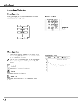 Page 4242
Press the MENU button to display the On-Screen Menu. 
Use the Point 7 8 buttons to move the red frame pointer 
to the Image Select Menu icon.1
2
Use the Point ed buttons to move the red frame pointer 
to the desired image level and then press the SELECT 
button.
IMAGE SELECT MENU
Image Level Selection
Move the red frame pointer to the desired 
level and press the SELECT button.Image Select Menu icon
Normal picture level preset on the projector.
Standard
Picture level adjusted with fine tone. Cinema...