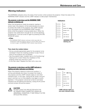 Page 6565
The WARNING indicators show the state of the function which protects the projector. Check the state of the 
WARNING TEMP. indicator and the LAMP indicator to take proper maintenance. 
Warning Indicators
The projector is shut down and the WARNING TEMP. 
indicator is blinking red.
When the temperature inside the projector reaches a 
certain level, the projector will be automatically shut down 
to protect the inside of the projector. The LAMP indicator 
turns red brighter and the WARNING TEMP indicator...