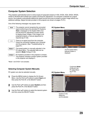 Page 29


PC System Menu
PC System Menu
Computer System Selection
This	projector	automatically	tunes	to	various	types	of	computers	based	on	VGA,	SVGA,	XGA,	SXGA,	WXGA,
UXGA	or	WUXGA 	with	its	Multi-scan	system	and	 Auto	PC	adjustment.	If	a	computer	is	selected	as	a	signal	
source,	this	projector	automatically	detects	the	signal	format	and	tunes	to	project	a	proper	image	without	any	
additional	settings.	(Signal	formats	provided	in	this	projector	are	shown	on	pages	73-74.)
One	of	the	following	messages...