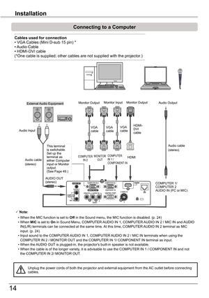 Page 1414
Installation
Connecting to a Computer
Cables	used	for	connection	•	VGA	Cables	(Mini	D-sub	15	pin)	*•	Audio	Cable•	HDMI-DVI	cable(*One cable is supplied; other cables are not supplied with the project\
or.)
 Note:
	 •	When	the	MIC	function	is	set	to	Off in the Sound menu, the MIC function is disabled. (p. 24)	 •	When	MIC is set to On in Sound Menu, COMPUTER AUDIO IN 1, COMPUTER AUDIO IN 2 / MIC IN and AUDIO IN(L/R) terminals can be connected at the same time. At this time, COMPUTER AUDIO IN 2 terminal...