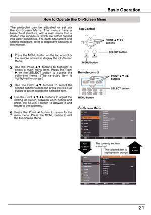 Page 21Basic Operation
21
Basic Operation
How	to	Operate	the	On-Screen	Menu
T h e   p r o j e c t o r   c a n   b e   a d j u s t e d   o r   s e t   v i a t h e   O n - S c r e e n   M e n u .   T h e   m e n u s   h a v e   a hierarchical  structure,  with  a  main  menu  that  is divided into submenus, which are further divided into  other  submenus.  For  each  adjustment  and setting procedure, refer to respective sections in this manual.
Use  the  Point ▲▼  buttons  to  highlight  or select  a  main  menu...