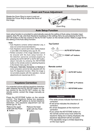 Page 23Basic Operation
23
Basic Operation
Rotate the Zoom Ring to zoom in and out.  Rotate the Focus Ring to adjust the focus of the image.  
Zoom	and	Focus	Adjustment
If a projected picture still has keystone distortion after  pressing  the AUTO  SETUP  button  on  the top  control  or  the  AUTO  SET  button  on  the remote  control,  correct  the  image  manually  as follows:
Press  the  KEYSTONE  button  on  the  remote control.  The  Keystone  dialog  box  appears. Use  the  Point ▲▼  buttons  to  correct...