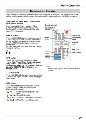 Page 25Basic Operation
25
Basic Operation
Remote	control	Operation
Using the remote control for some frequently used operations is advisabl\
e. Just pressing one of the buttons enables you to make the desired operation quickly without callin\
g up the On-Screen Menu.
Press the COMPUTER 1/2, HDMI, VIDEO, S-VIDEO and COMPONENT buttons on the remote control to select the input source. See pages 27, 37 for details.
COMPUTER	1/2,	HDMI,	VIDEO,	S-VIDEO	and	COMPONENT	buttons
FREEZE	button
Display the input source...