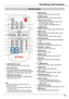 Page 11Part Names and Functions
11
Part Names and Functions
Note:To ensure safe operation, please observe the following precautions:– Do not bend, drop or expose the remote control     to moisture or heat.– For cleaning, use a soft dry cloth. Do not apply    benzene, thinner, spray, or any chemical material.
Remote	control
⑦
⑭
⑩
㉑④
⑲
②
⑧
⑨
⑬
⑰
⑤
⑥
⑪
⑫
⑳
⑯
③
② AUTO	SET	button
Execute the setting of Auto setup (includes Input search, Auto PC adj. and Auto Keystone functions) in the setting menu. (pp.23, 45)
⑤...