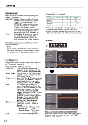 Page 5252
Setting
Standby	mode
This function is available when operating the projector via network. Network ..  Supply the power to the network function even after turning off the projector by pressing the ON/STAND-BY button on the remote control. You can turn on/off the projector via network, modify network environment, and receive an e-mail about projector status while the projector is powered off. Eco .........  Select Eco when you do not use the projector via network. The projector’s network function will...