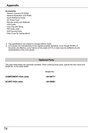 Page 7474
Appendix
     Model No.
COMPONENT-VGA	cable																:	AH-98771
SCART-VGA 	cable									 															:	AH-98881
The parts listed below are optionally available. When ordering those par\
ts, specify the item name and Model No. to the sales dealer.
Accessories Owner’s manual (CD-ROM) Network Application (CD-ROM) Quick Reference Guide   AC Power Cord  Remote control and Batteries VGA Cable Lens Cap with String   PIN Code Label   Soft Carrying Case Filter Cover for Ceiling Mount
● The...