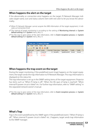 Page 13
1PJ NETWORK MANAGEROWNER'S MANUAL

What's Trap
Trap is the event predefined by the SNMP agent. If the predefined event ( "When PJ lamp is 
off ",  "When  internal  PJ  power  circuit  is  failed"  etc.  )  happens,  target  sends  trap  information 
to the SNMP manager.
When happens the alert on the target
When happens the alert on the target
If  the  abnormality  or  connection  error  happens  on  the  target,  PJ  Network  Manager  indi-
cates target name, icon and status...