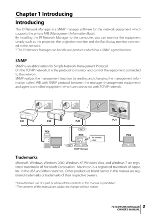 Page 3
PJ NETWORK MANAGEROWNER'S MANUAL

Introducing
This  PJ  Network  Manager  is  a  SNMP  manager  software  for  the  network  equipment  which 
supports the private MIB (Management Information Base).
By  installing  the  PJ  Network  Manager  to  the  computer,  you  can  monitor  the  equipment 
simply such as the projector, the projection monitor and the flat display monitor connect-
ed to the network.
*  
The PJ Network Manager can handle our products which has a SNMP agent function. 
SNMP...