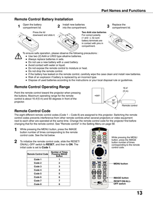 Page 13
13

Part	Names	and	Functions
To	ensure	safe	operation,	please	observe	the	following	precautions	:
	 ●	 Use	two	(2)	AAA	or	LR03	type	alkaline	batteries.
	 ●	 Always	replace	batteries	in	sets.
	 ●	 Do	not	use	a	new	battery	with	a	used	battery.
	 ●	 Avoid	contact	with	water	or	liquid.
	 ●	 Do	not	expose	the	remote	control	to	moisture	or	heat.
	 ●	 Do	not	drop	the	remote	control.
	 ●	 If	the	battery	has	leaked	on	the	remote	control,	carefully	wipe	the	case	clean	and	install	new	batteries.
	 ●	 Risk	of	an...