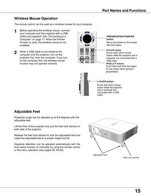 Page 15
15

Part	Names	and	Functions
Adjustable	Feet
Projection	angle	can	be	adjusted	up	to	8.9	degrees	with	the	
adjustable	feet.	
Lift	 the	 front	 of	the	 projector	 and	pull	the	feet	 lock	 latches	 on	
both	side	of	the	projector.
Release	 the	feet	 lock	 latches	 to	lock	 the	adjustable	 feet	and	
rotate	the	adjustable	feet	to	a	proper	height	and	tilt.
Keystone 	distortion 	can 	be 	adjusted 	automatically 	with 	the	
Auto	 setup	 function	 or	manually	 by	using	 the	remote	 control	
or	the	menu	operation...