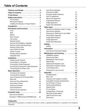 Page 3


Table of Contents
Trademarks
Each  name  of  corporations  or  products  in  this  book  is  either  a  registered  trademark  or  a  trademark  of  its  respective 
corporation.
Features and Design   .  .  .  .  .  .  .  .  .  .  .  .  .  .  .  .  .  .  .2
Table of Contents .  .  .  .  .  .  .  .  .  .  .  .  .  .  .  .  .  .  .  .  .  .
To the Owner .  .  .  .  .  .  .  .  .  .  .  .  .  .  .  .  .  .  .  .  .  .  .  .  .  .4
Safety Instructions .  .  .  .  .  .  .  .  .  .  .  .  .  .  ....