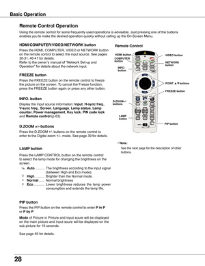 Page 28
28

Basic	OperationRemote	Control	Operation
Using	the	remote	control	for	some	frequently	used	operations	is	advisable.	Just	pressing	one	of	the	buttons	
enables	you	to	make	the	desired	operation	quickly	without	calling	up	the	On-Screen	Menu.
Press	the	HDMI,	COMPUTER,	VIDEO	or	NETWORK	button	
on	the	remote	control	to	select	the	input	source.	See	pages	
30-31,	40-41	for	details.
Refer	to	the	owner’s	manual	of	“Network	Set-up	and	
Operation”	for	details	about	the	network	input.
HDMI/COMPUTER/VIDEO/NETWORK...