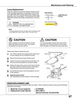 Page 67
67

Maintenance	and	Cleaning
When	the	projection	lamp	of	the	projector	reaches	its	end	
of	life,	the	Lamp	replacement	icon	appears	on	the	screen	
and	LAMP	REPLACE	indicator	lights	yellow.	Replace	the	
lamp	with	a	new	one	promptly.	 The	timing	when	the	LAMP	
REPLACE	indicator	should	light	is	depending	on	the	lamp	
mode.
For	continued	safety,	replace	with	a	lamp	of	the	
same	type.	Do	not	drop	a	lamp	or	touch	a	glass	
bulb!	 The	glass	can	shatter	and	may	cause	injury.Allow	a	projector	to	cool	for	at	least...