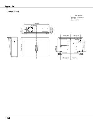 Page 84
84
Appendix
Dimensions
Screw	Holes	for	Ceiling	Mount
Screw:	M4
Depth:	12.0(0.472)
10.30 (261.5) 
13.16(334.2)
2.12(53.8)
3.17(80.5)
3.09(78.4
)
3.66(93.0
)
5.08(129.0)5.20(132.0)
2.78(70.5)
5.08(129.0)
5.51(140.0)
4.43(112.5)
Unit:		inch	(mm) 