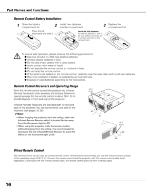 Page 1616
To ensure safe operation, please observe the following precautions :
l Use two (2) AAA or LR03 type alkaline batteries.
l  Always replace batteries in sets.
l  Do not use a new battery with a used battery.
l  Avoid contact with water or liquid.
l  Do not expose the remote control to moisture or heat.
l  Do not drop the remote control.
l  If the battery has leaked on the remote control, carefully wipe the case clean and install new batteries.
l  Risk of an explosion if...