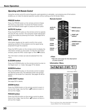 Page 3030
Remote Control
Operating with Remote Control
Using the remote control for some frequently used operations is advisable. Just pressing one of the buttons 
enables you to make the desired operation quickly without calling up the On-Screen Menu.
Press the FREEZE button on the remote control to freeze 
the picture on the screen. To cancel the Freeze function, 
press the FREEZE button again or press any other button.
FREEZE button
Press the AUTO PC button on the remote control to operate 
the Auto PC Adj....