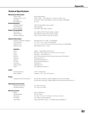 Page 8383
Technical Specifications
Mechanical Information 
 Projector Type      Multi-media Projector 
  Dimensions (W x H x D)    21.66” x 6.89” x. 17.76” (451.0 mm x 175.0 mm x 550.1 mm) 
  Net Weight     
32.4 lbs (14.7 kg) (LC-WGC500AL) / 34.0 lbs (15.4 kg) (LC-WGC500A) 
  Feet Adjustment      0˚ to 3.5˚                 
Panel Resolution 
 LCD Panel System      0.95” TFT Active Matrix type, 3 panels  
  Panel Resolution      1280 x 800 dots 
  Number of Pixels      3,072,000 (1,280 x 800 x 3 panels)...