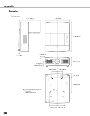 Page 8888
AppendixDimensions
3.94 (100.0) 3.94 (100.0)
10.85 (275.5)3.15 (80.0)
5.55 (141.0) 5.55 (141.0) 6.89 (175.0)
3.70 (94.0)
(PANEL CENTER)
3.44 (87.3) 17.76 (451.0)
15.59 (396.0)
21.66 (550.1)
3.5 ÃMAX
Scre
w Holes f or Ceiling Mount
Scre w: M6
Depth:  0.393 (10.0)
Unit: inch (mm) 