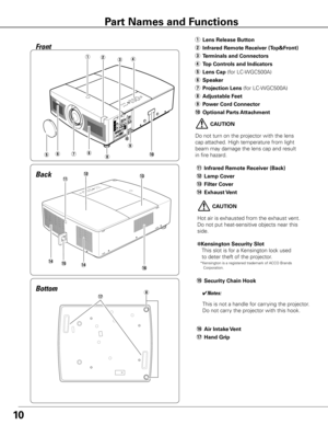 Page 1010
!1 Infrared Remote Receiver (Back)
!2  Lamp Cover
!3  Filter Cover
!4  Exhaust Vent
!5  Security Chain Hook
!6  Air Intake Vent
!7	 Hand Grip
Bottom Back
!7
!6
 CAUTION
Hot air is exhausted from the exhaust vent.  
Do not put heat-sensitive objects near this 
side.
y
we
Front
iu
i
Part Names and Functions
yt
rq
!0
o
!1!2!3
!4!5!4
✽Kensington Security Slot This slot is for a Kensington lock used 
to deter theft of the projector.
* Kensington is a registered trademark of ACCO Brands 
Corporation.
✽
This...