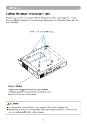 Page 1715
Setting Up
Ceiling Mounted Installation Guide 
Attach ceiling mount at four-suspension bracket ﬁxing points when suspending from a ceiling. 
Special installation is required in order to suspend the projector from the ceiling. Please ask your 
dealer for details.
Security Anchor
The product is equipped with security anchor and PIN 
LOCK (See page 33 for detials) functions to help prevent 
unauthorized removal of the projector.MAX M4x8 mm For Mounting
WARNING
►Do not grasp the security anchor to carry...