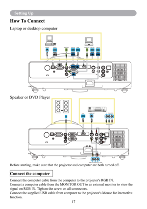 Page 1917
Setting Up
Before starting, make sure that the projector and computer are both turned off.
Connect the computer 
Connect the computer cable from the computer to the projector's RGB IN.
Connect a computer cable from the MONITOR OUT to an external monitor to view the
signal on RGB IN. Tighten the screw on all connectors.
Connect the supplied USB cable from computer to the projector's Mouse for interactive 
function.
How To Connect
Laptop or desktop computer
AUDIO OUTMOUSERS-232AUDIO OUTHDMIVGA...