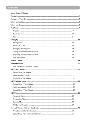 Page 3Contents
1
Contents
About Owner’s Manual
Contents .............................................................................................................................................1
Contents of Your Box ........................................................................................................................ 3
Safety Instructions ............................................................................................................................4
Safety...