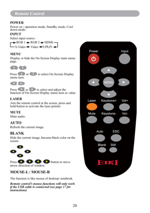 Page 22Remote Control (Optional)
20
Remote Control
POWER
Power on / operation mode, Standby mode, Cool 
down mode.
INPUT
Select input source :
MENU
Display or hide the On-Screen Display main menu 
page.
 
Press  or  to select On-Screen Display 
menu item.
 
Press  or  to select and adjust the 
function of On-Screen Display menu item or value.
LASER
Aim the remote control at the screen, press and 
hold button to activate the laser pointer.
MUTE
Mute audio.
AUTO
Refresh the current image.
BLANK
Hide the current...